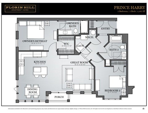 Floor plan for 2 beds, 2 baths, 1230 sqft
